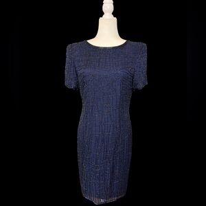 Vintage AJ Bari 100% Silk Beaded Cocktail Dress Royal Blue Sheath Short Sleeve